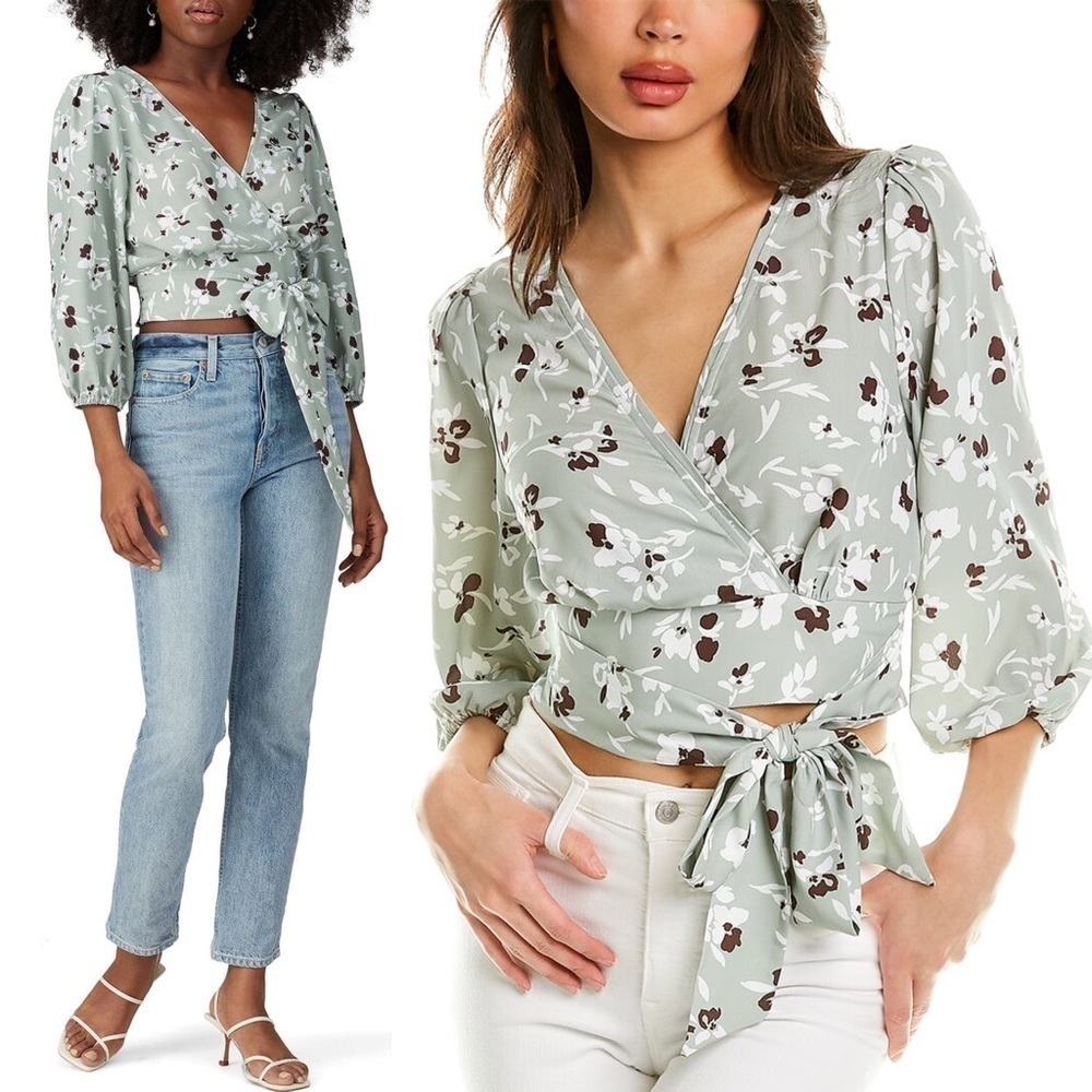 WILLOW Y2K Sage Floral Print Wrap Tie Waist Puffed 3/4 Long Sleeve Crop Top XS‎
